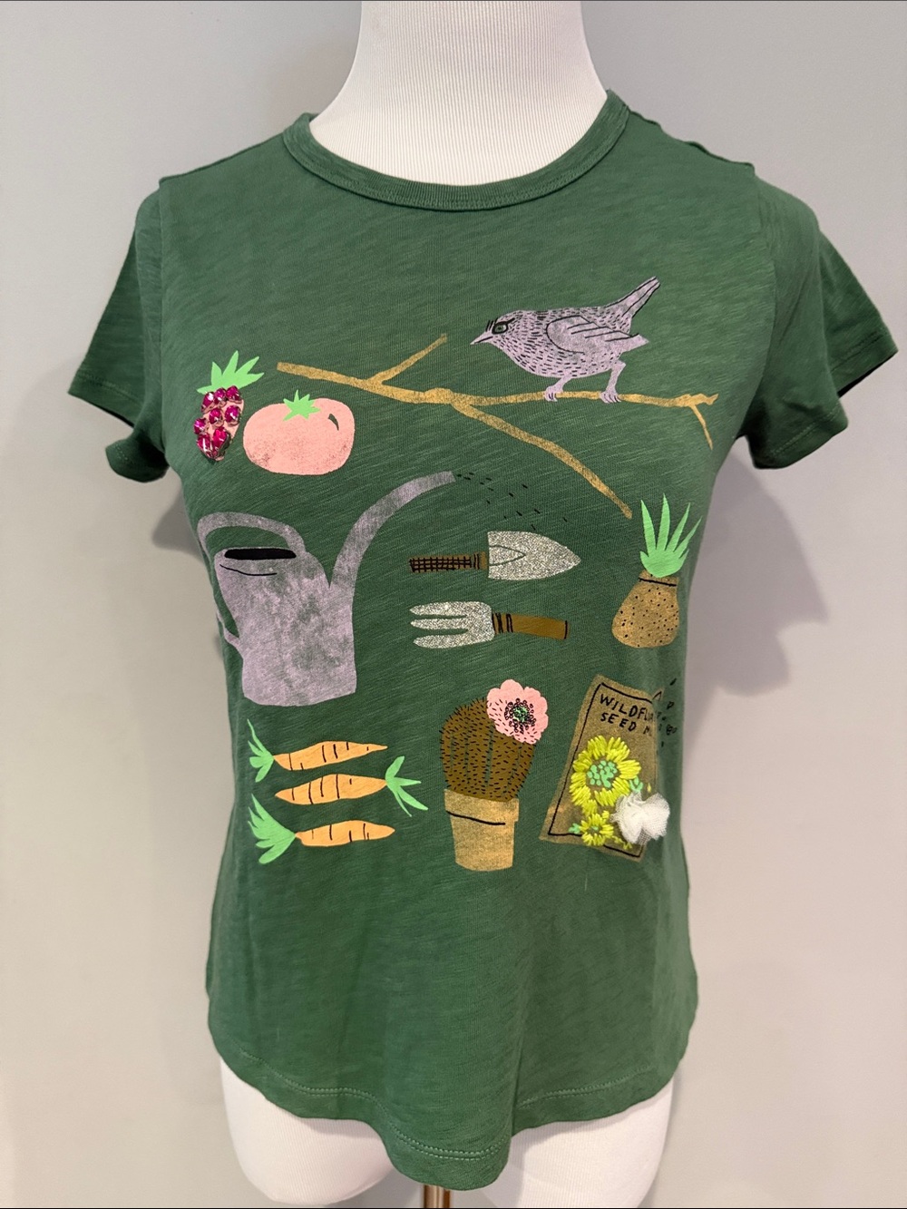 Jcrew Crewcuts Green Gardening Graphic Tee with Bird and Tool appliqué- 12-14 y